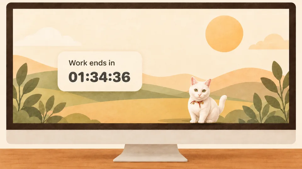 Illustration of Longge beside a workday countdown on a computer