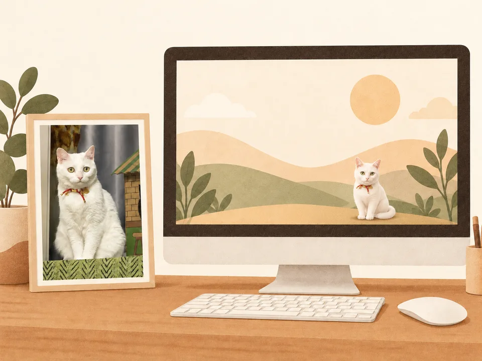 Illustration of Longge’s photo beside a desktop pet on a computer